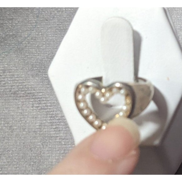 Vintage Open Heart Silver Tone Seed Pearl Ring Size 6 1/4 - Picture 7 of 16